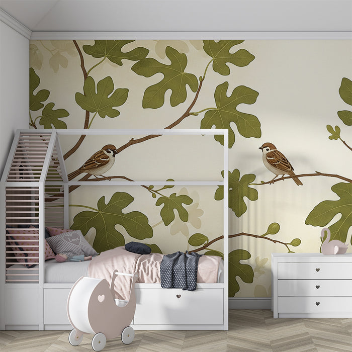 Papel pintado para habitación de bebé | Pájaros en ramas de higuera con follaje frondoso