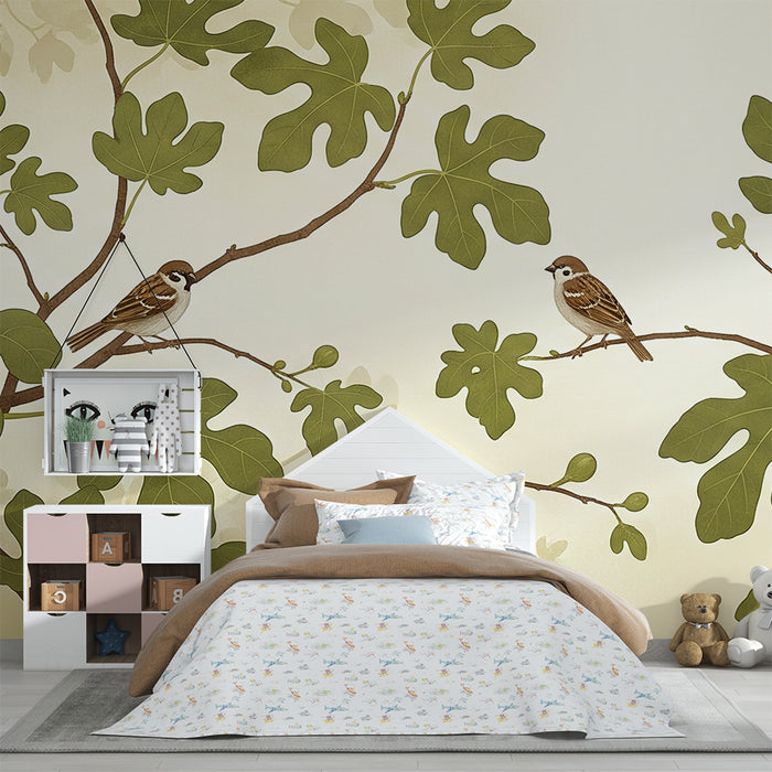 Papel pintado para habitación de bebé | Pájaros en ramas de higuera con follaje frondoso