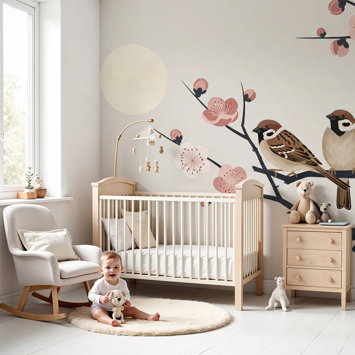 Papier peint chambre bébé | Oiseaux sur une branche de cerisier avec fleurs délicates