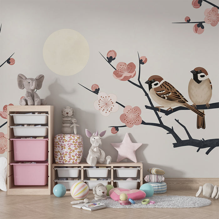 Papier peint chambre bébé | Oiseaux sur une branche de cerisier avec fleurs délicates