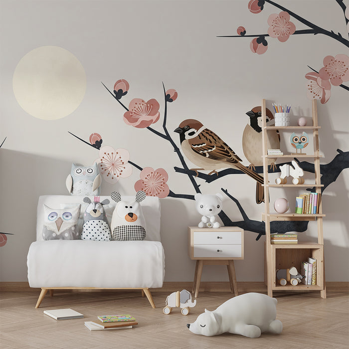 Papier peint chambre bébé | Oiseaux sur une branche de cerisier avec fleurs délicates