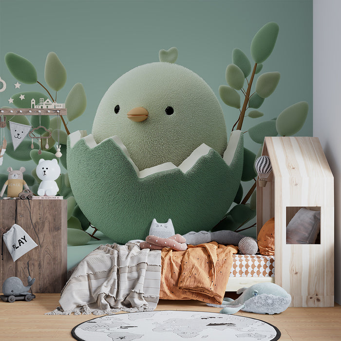 Nursery room wallpaper | Cute little chick emerging from its egg with delicate leaves