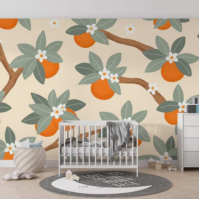 Papel de parede quarto bebê | Laranjeiras e flores brancas em fundo suave