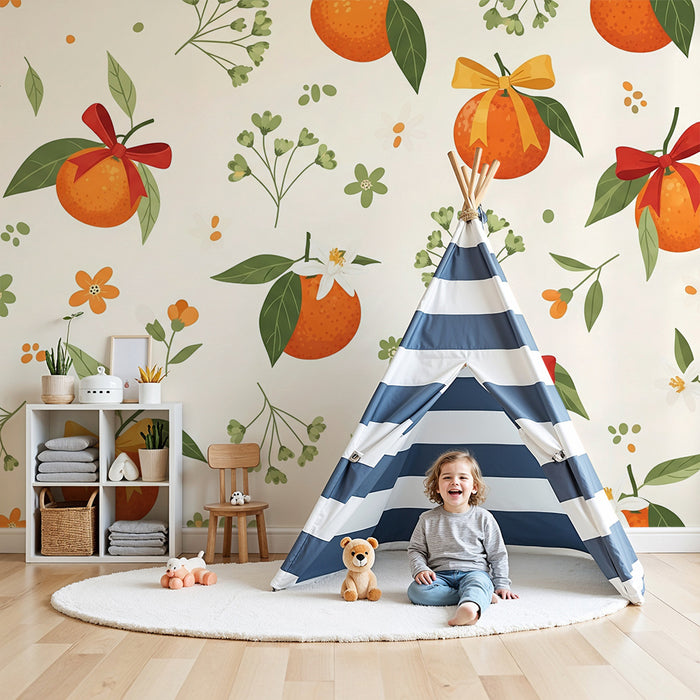 Χαρτί τοίχου για το δωμάτιο του μωρού | Πορτοκάλια και λεπτά λουλούδια σε ανοιχτό φόντο