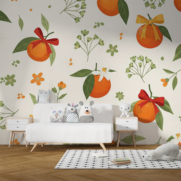 Χαρτί τοίχου για το δωμάτιο του μωρού | Πορτοκάλια και λεπτά λουλούδια σε ανοιχτό φόντο