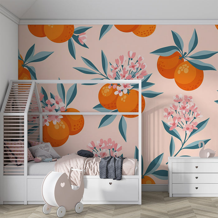 Tapet pentru cameră de copii | Portocale suculente și flori delicate pe fundal pastel