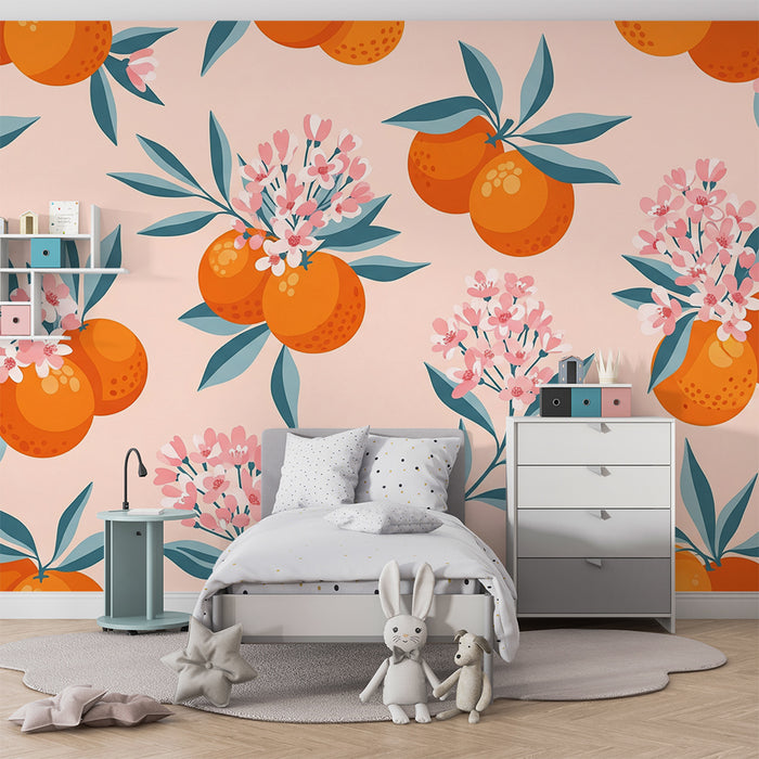 Tapet pentru cameră de copii | Portocale suculente și flori delicate pe fundal pastel