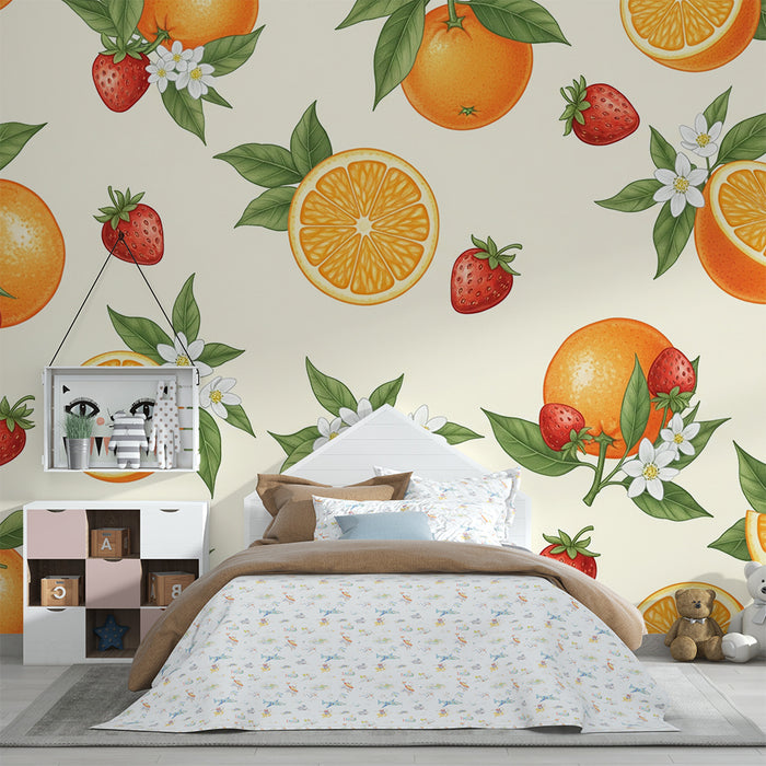 Babyzimmer Tapete | Saftige Orangen und Erdbeeren auf sanftem Hintergrund