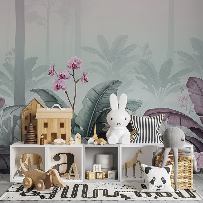 Babyzimmer Tapete | Orchideen und tropisches Laub in beruhigendem Nebel