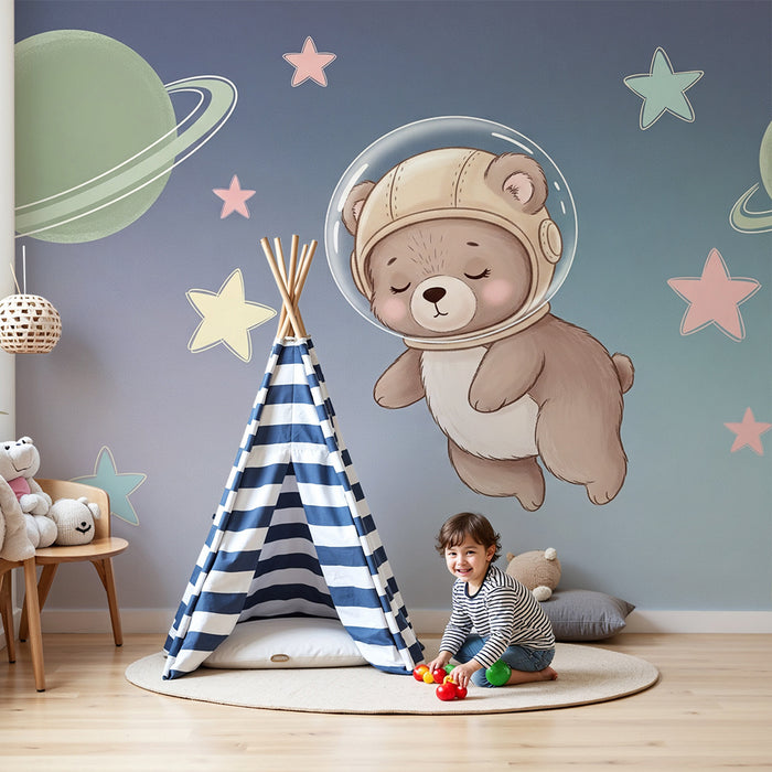 Papier peint chambre bébé | Ours astronaute et galaxies étoilées