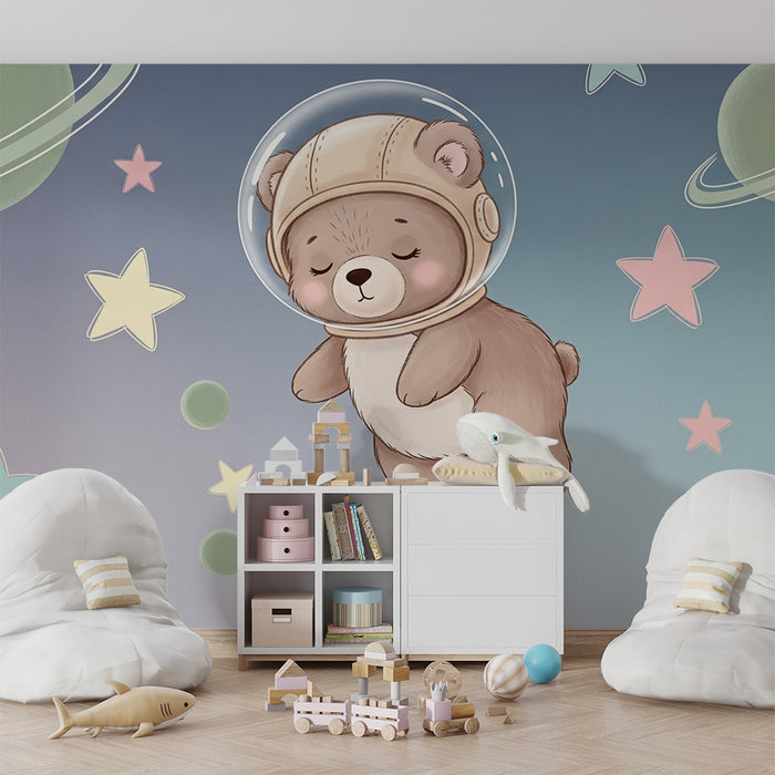 Papier peint chambre bébé | Ours astronaute et galaxies étoilées