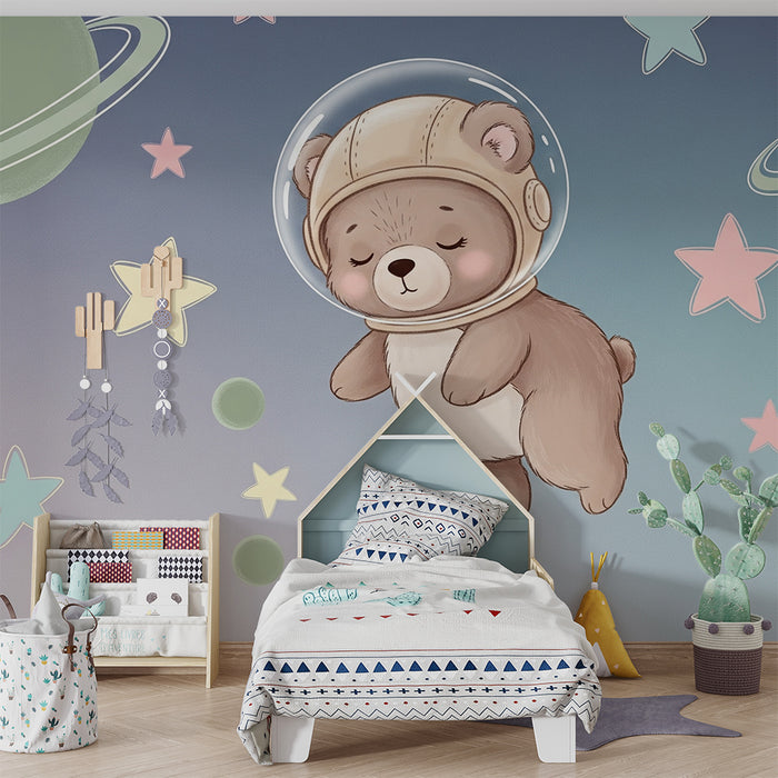 Papier peint chambre bébé | Ours astronaute et galaxies étoilées