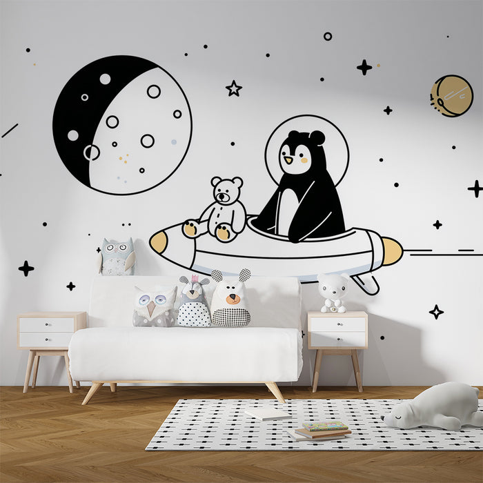 Carta da parati bambini | Orso astronauta e il suo orsacchiotto nello spazio