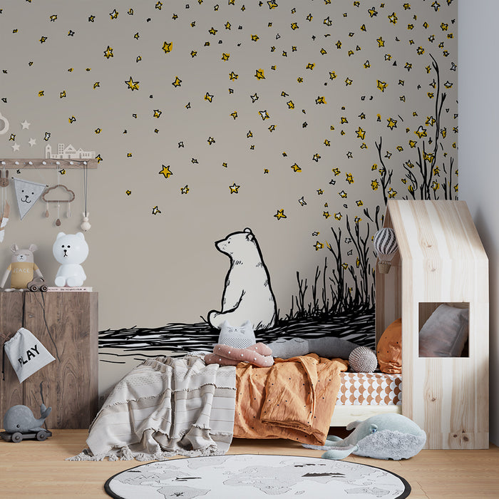 Lastenhuoneen tapetti | Mietiskelevä karhu tähtitaivaan alla