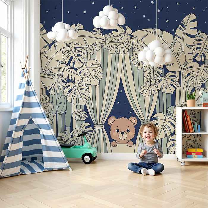 Lastenhuoneen tapetti | Utelias karhu viidakon tähtitaivaassa