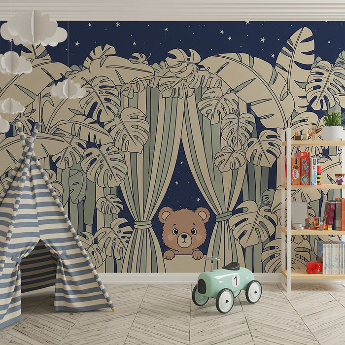 Lastenhuoneen tapetti | Utelias karhu viidakon tähtitaivaassa