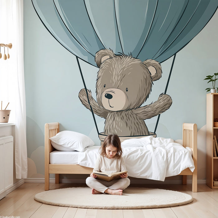 Papier peint chambre bébé | Ours en montgolfière au-dessus des nuages