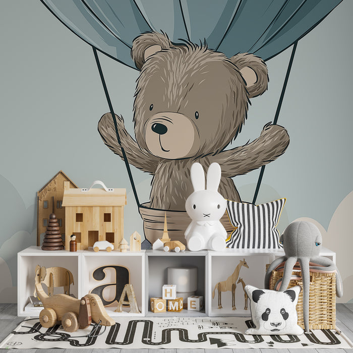 Papier peint chambre bébé | Ours en montgolfière au-dessus des nuages