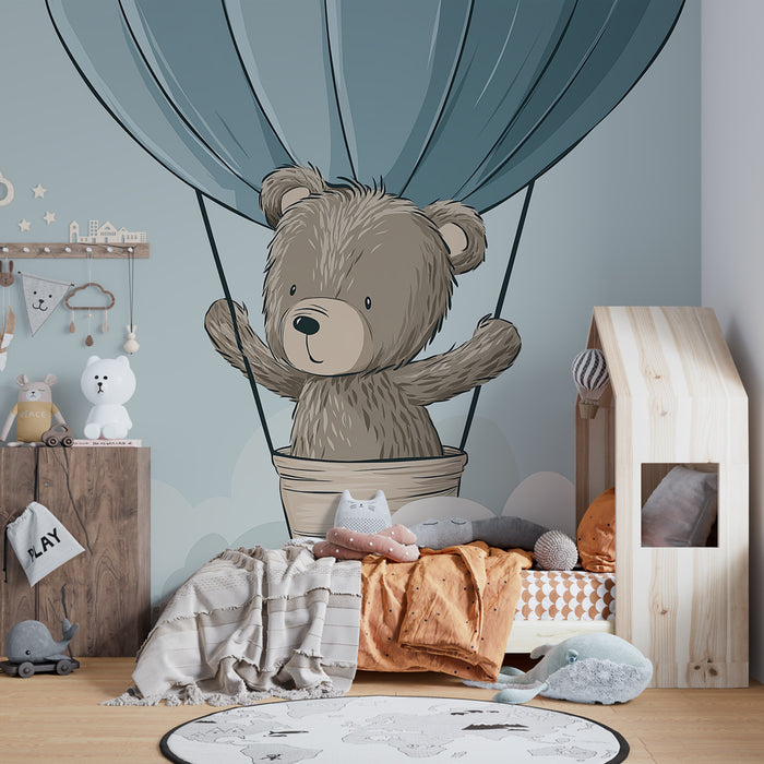 Papier peint chambre bébé | Ours en montgolfière au-dessus des nuages