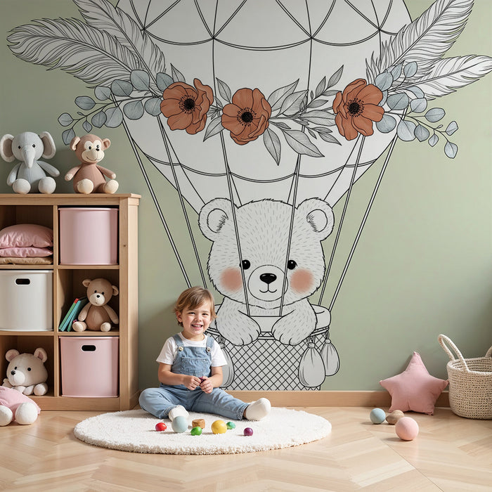 Lastenhuoneen tapetti | Ilmapallolla lentävä karhu kukkien kanssa