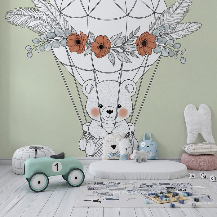 Lastenhuoneen tapetti | Ilmapallolla lentävä karhu kukkien kanssa