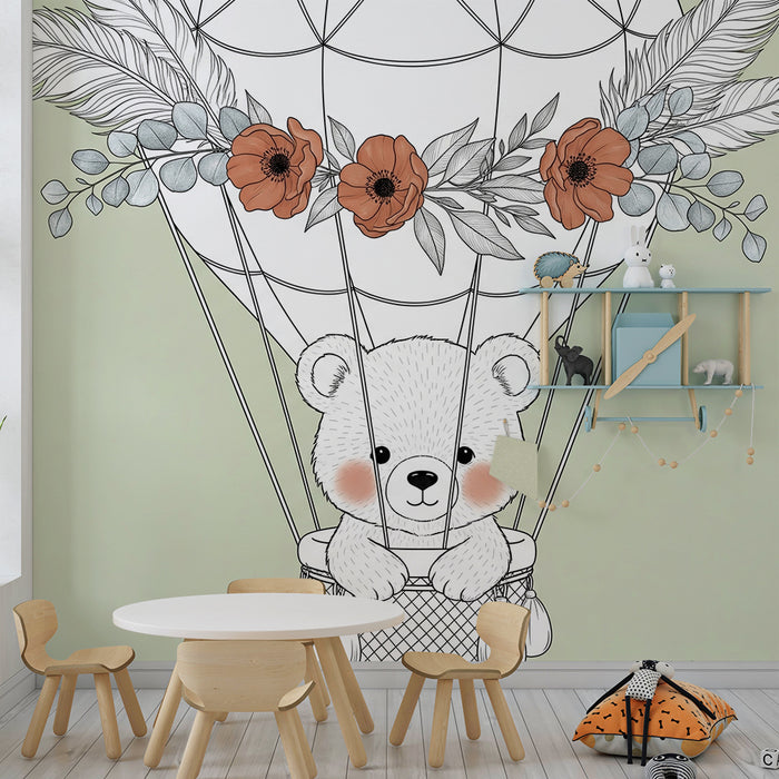 Lastenhuoneen tapetti | Ilmapallolla lentävä karhu kukkien kanssa