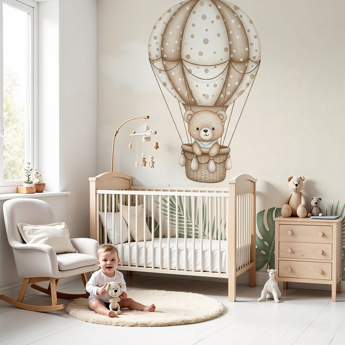 Børneværelse tapet | Bjørn i luftballon og tropisk løvwerk