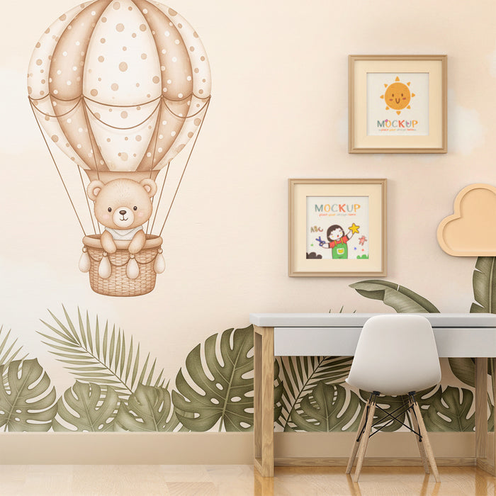 Børneværelse tapet | Bjørn i luftballon og tropisk løvwerk