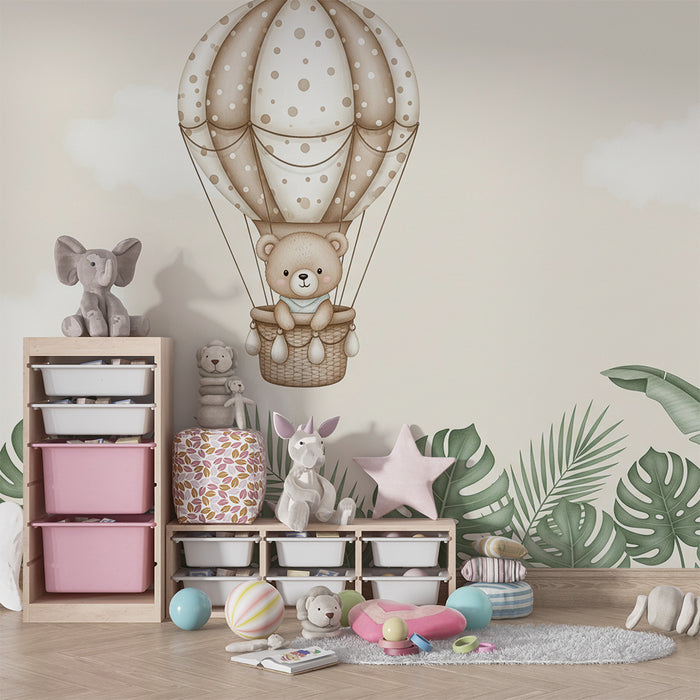 Børneværelse tapet | Bjørn i luftballon og tropisk løvwerk
