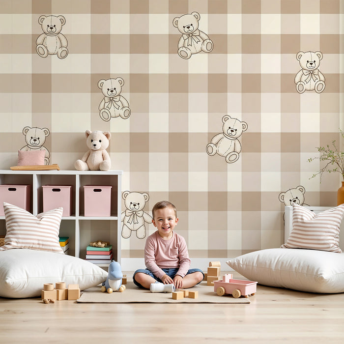 Tapete Babyzimmer | Teddybär auf beigem Vichy-Karo-Hintergrund