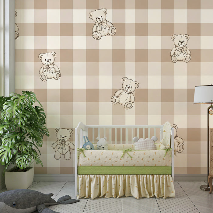 Tapete Babyzimmer | Teddybär auf beigem Vichy-Karo-Hintergrund