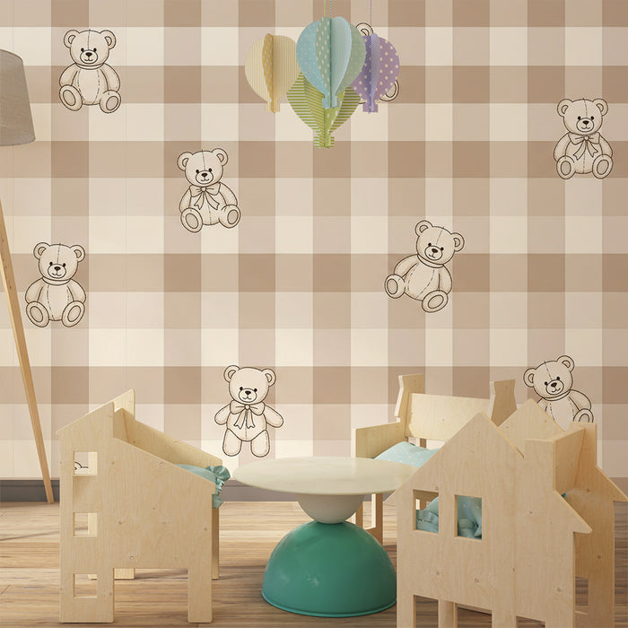 Tapete Babyzimmer | Teddybär auf beigem Vichy-Karo-Hintergrund