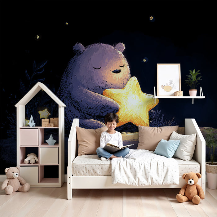 Lastenhuoneen tapetti | Nukkuva karhu tähtikirkkaan taivaan alla