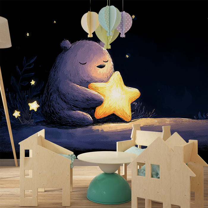 Lastenhuoneen tapetti | Nukkuva karhu tähtikirkkaan taivaan alla