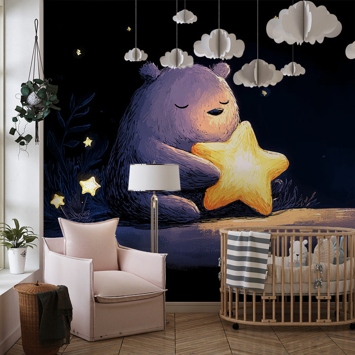 Lastenhuoneen tapetti | Nukkuva karhu tähtikirkkaan taivaan alla