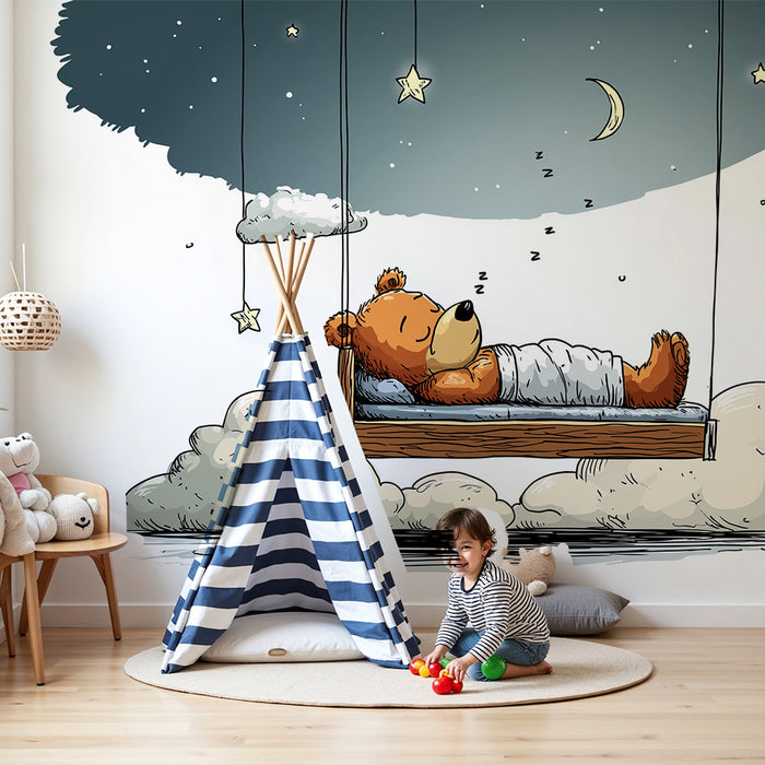 Lastenhuoneen tapetti | Nukkuva karhu pilvissä ja kimaltelevat tähdet