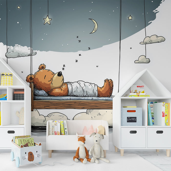 Lastenhuoneen tapetti | Nukkuva karhu pilvissä ja kimaltelevat tähdet