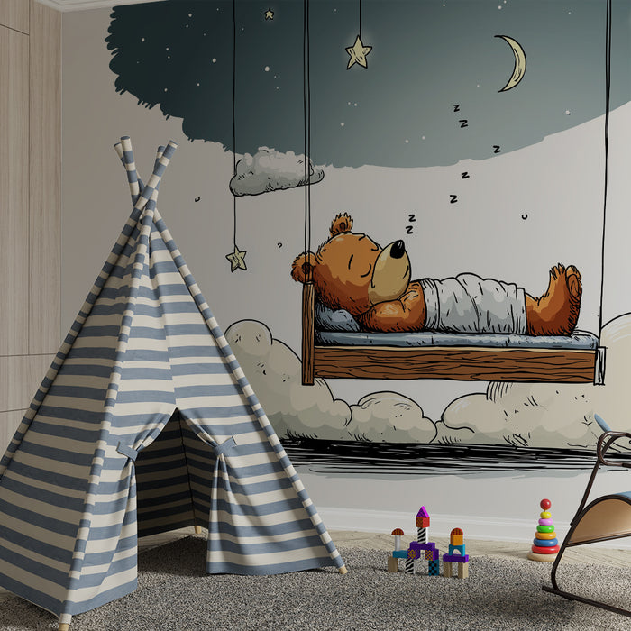 Lastenhuoneen tapetti | Nukkuva karhu pilvissä ja kimaltelevat tähdet