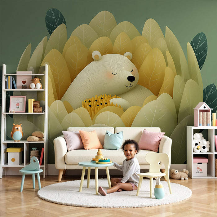 Babykamer behang | Onze slapende beer in een bed van zachte bladeren