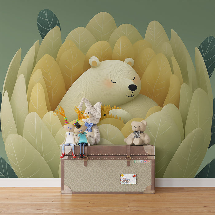 Babykamer behang | Onze slapende beer in een bed van zachte bladeren