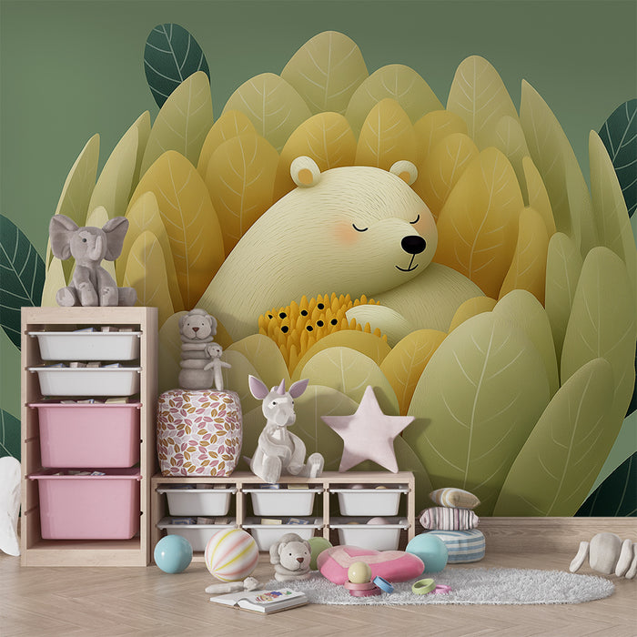 Babykamer behang | Onze slapende beer in een bed van zachte bladeren
