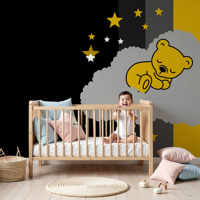 Tapet barnerom | Bjørn sovende på en sky med gullstjerner