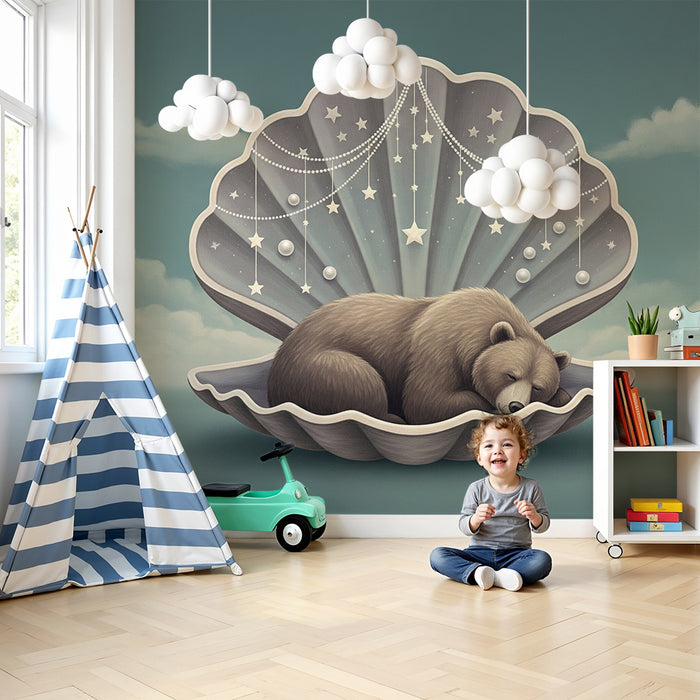 Papel de parede para quarto de bebé | Urso a dormir numa concha com estrelas e pérolas