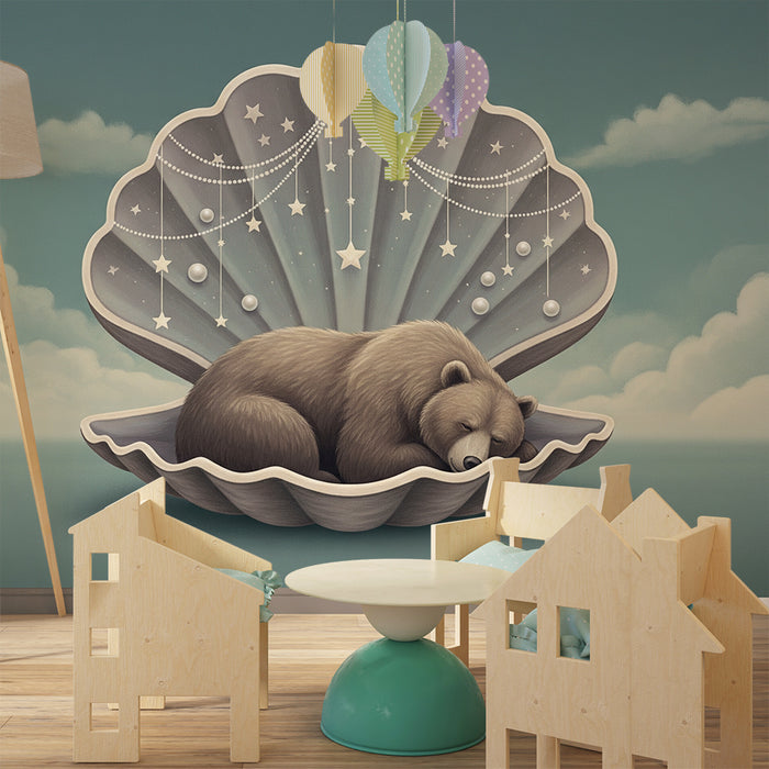Papel de parede para quarto de bebé | Urso a dormir numa concha com estrelas e pérolas