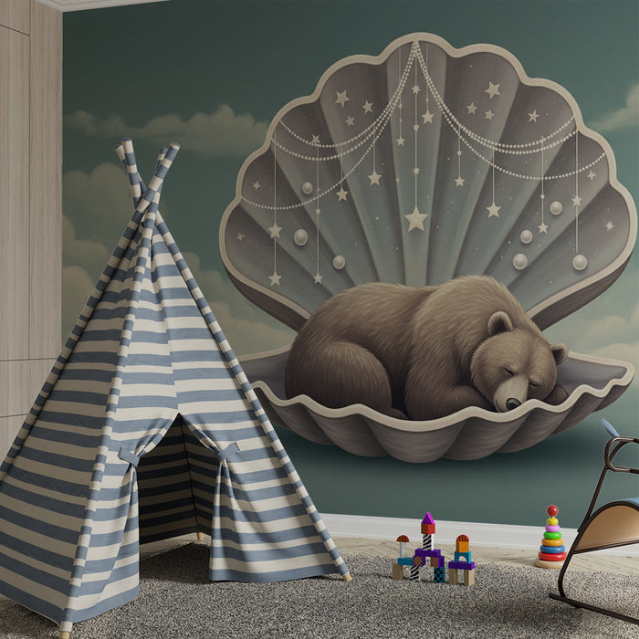 Papel de parede para quarto de bebé | Urso a dormir numa concha com estrelas e pérolas