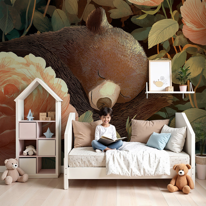 Babykamer behang | Slapende beer omringd door delicate rozen