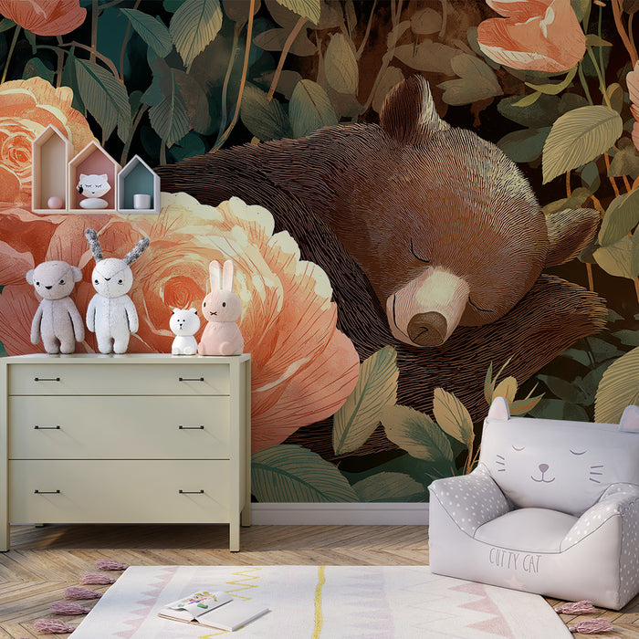 Babykamer behang | Slapende beer omringd door delicate rozen