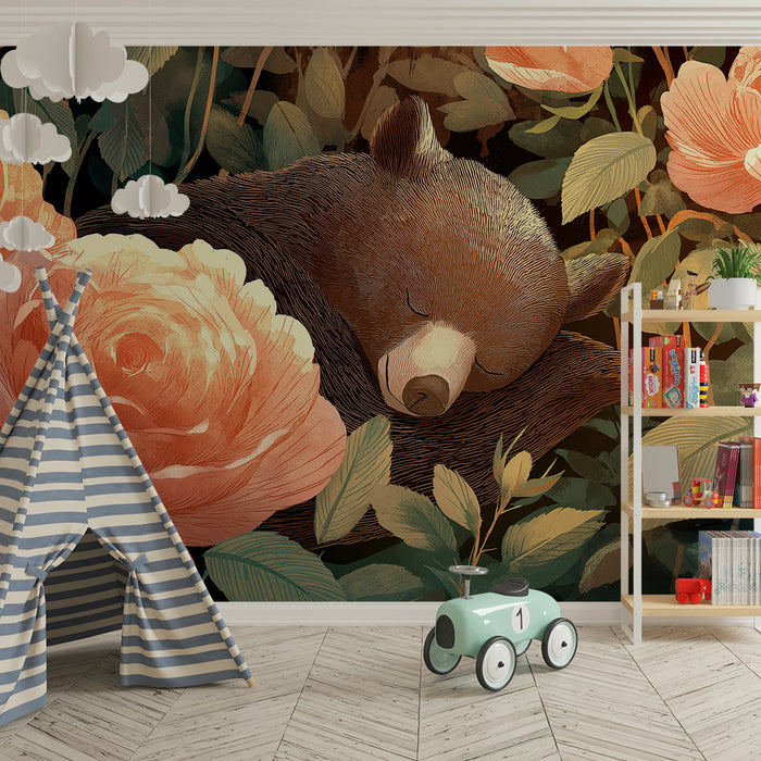 Babykamer behang | Slapende beer omringd door delicate rozen