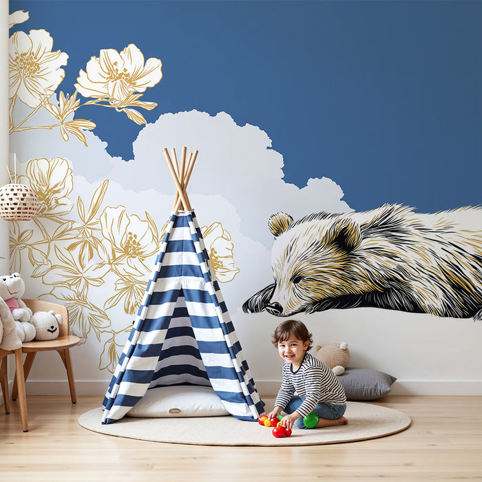 Papel de parede quarto bebê | Urso adormecido e flores delicadas em fundo azul