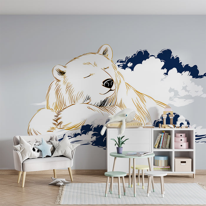 Nursery room wallpaper | Sleeping bear among the soft clouds